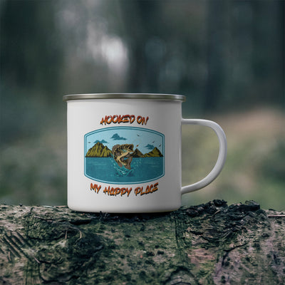 Outdoor Enthusiast Enamel Camping Mug with Largemouth bass - "Hooked On My Happy Place"