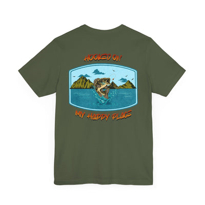 Fishing Themed Unisex Jersey Tee with Largemouth Bass - "Hooked On My Happy Place"