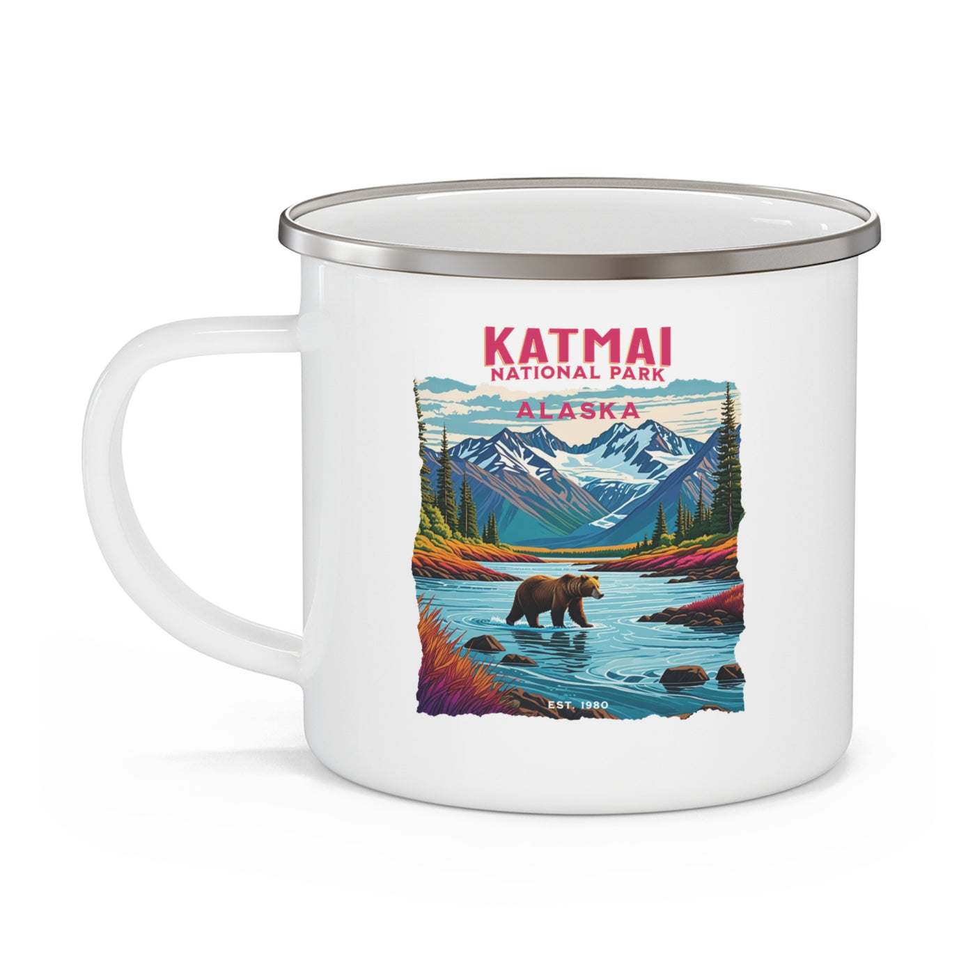 Katmai National Park Enamel Camping Mug with Bear Design, Outdoor Mug, Nature Lover Gift, Hiking Accessory, Summer Camping Essential