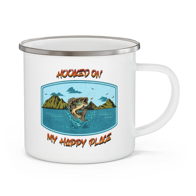 Outdoor Enthusiast Enamel Camping Mug with Largemouth bass - "Hooked On My Happy Place"