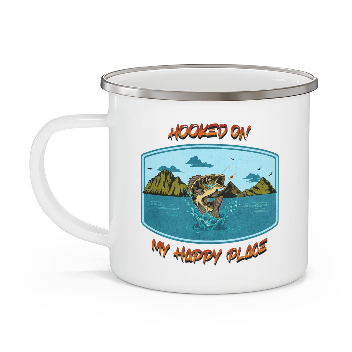 Outdoor Enthusiast Enamel Camping Mug with Largemouth bass - "Hooked On My Happy Place"