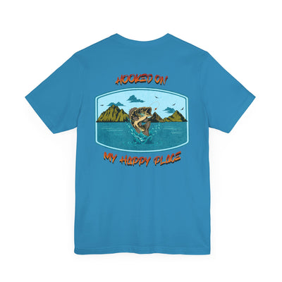 Fishing Themed Unisex Jersey Tee with Largemouth Bass - "Hooked On My Happy Place"