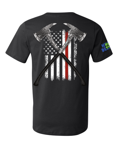 Men's T-Shirt - Fireman Axes with Red Line on Flag - Made in USA